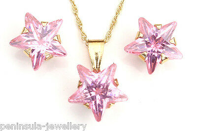 9ct Gold Pink CZ Star Pendant and Studs Earring Set Made in UK Gift Boxed