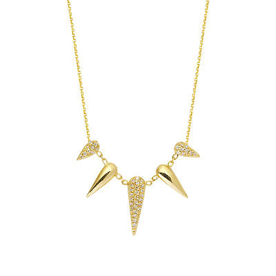 14k Yellow Gold Diamond Necklace with Spike Claw Drops and Diamond Accents