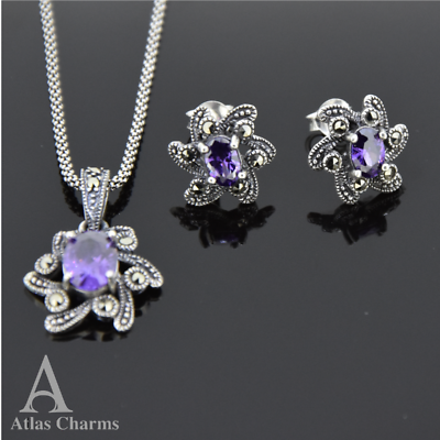 Set Marcasite Amethyst Earrings Necklace Silver Wedding Birthday Mother Day Gift