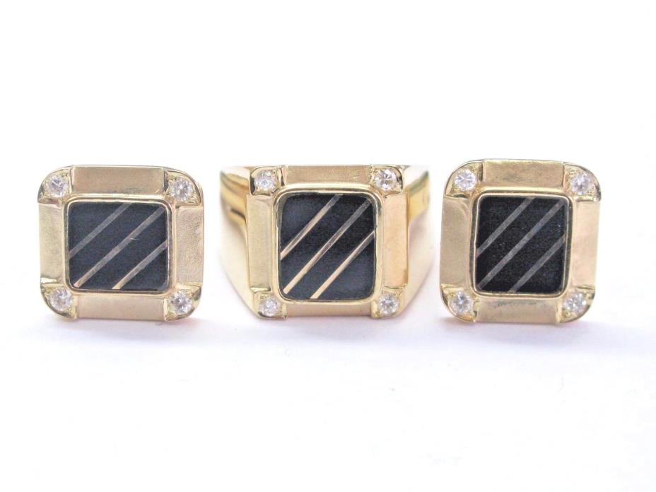 18Kt Onyx & Diamond Yellow Gold Ring & Cufflinks Jewelry Set .50Ct