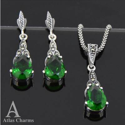 Set Marcasite Emerald Earrings Necklace Silver Wedding Birthday Mother Day Gifts