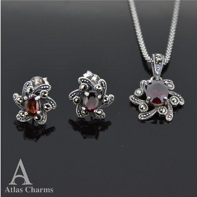 Sets Marcasite Garnet Silver Earrings Pendant Necklace Birthday Mother Day Gifts