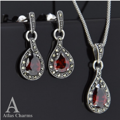 Silver Garnet Sets Earrings Pendant Necklace Marcasite Birthday Mother day Gifts