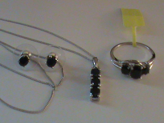 Midnight Blue Sapphire Ring Size 5.25, Earrings & Pendant Set in Sterling Silver