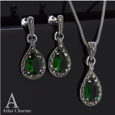 Set Marcasite Emerald Silver Earrings Necklace Wedding Birthday Mother day Gifts
