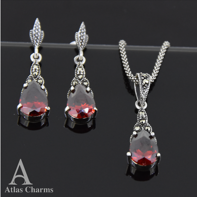 Set Silver Garnet Earrings Pendants Necklace Marcasite Birthday Mother Day Gifts