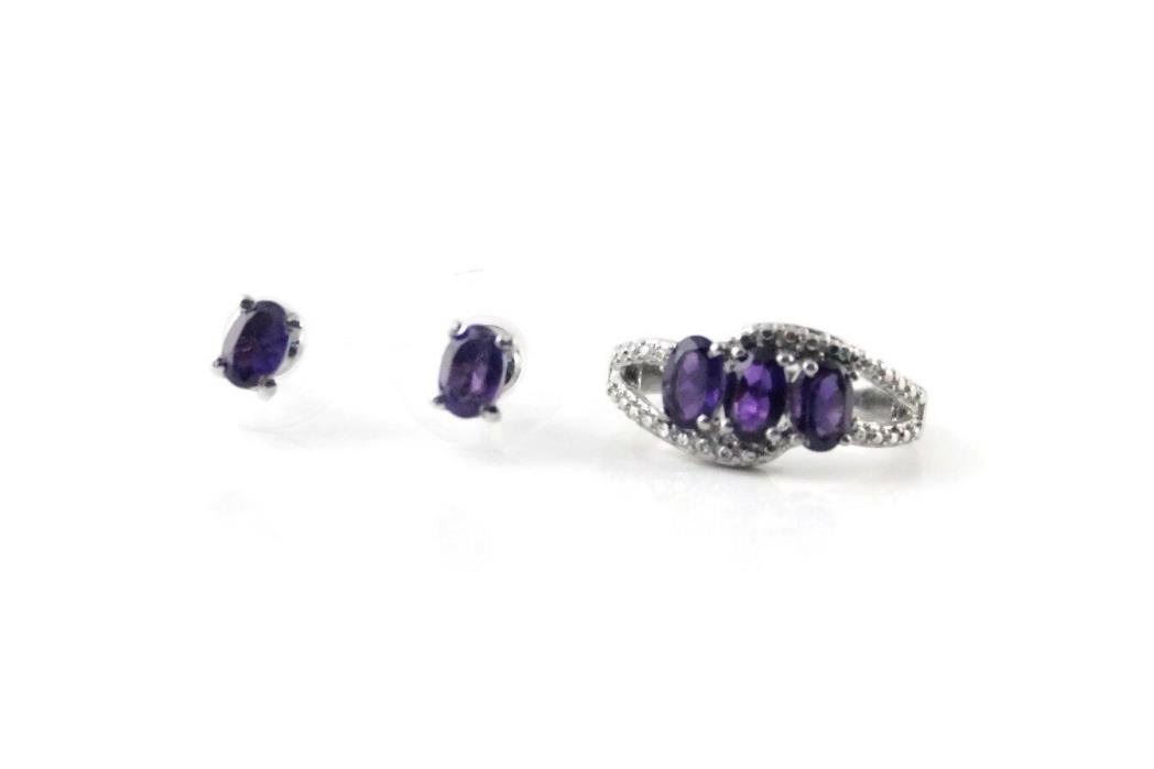 Women's Stainless Steel Ring SIZE 7 African Amethyst and Post Earring Set