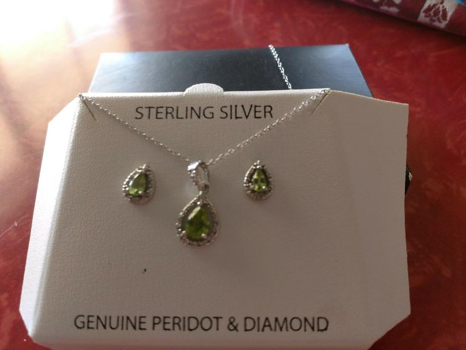 Genuine Peridot, Sterling Silver and Diamond Necklace and Earrings