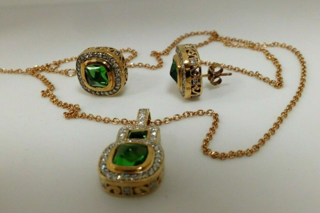 Designer Stauer 10Kt Gold Green Stone Diamond Pendant Necklace Earrings 4pc Set