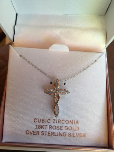 PRIMROSE 18KT Rose Gold Over Sterling Silver CZ Cross Religious Necklace 18 Box