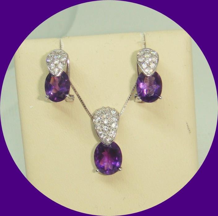 Stunning 14k White Gold Matching Amethyst & Diamond Earring with Necklace