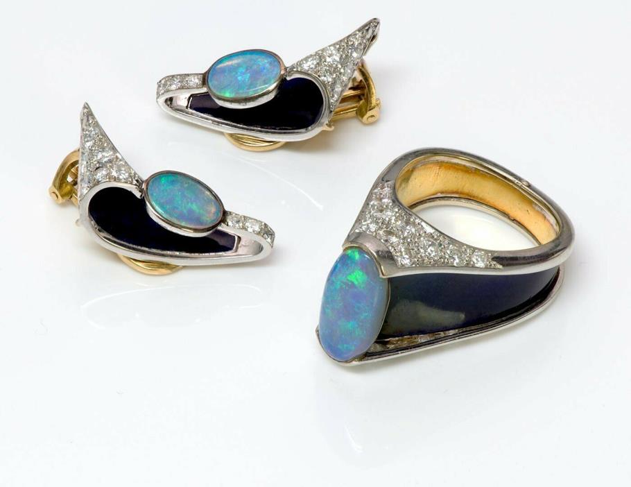 Vintage 1960's Opal Diamond Enamel 18K Gold Earrings and Ring Suite