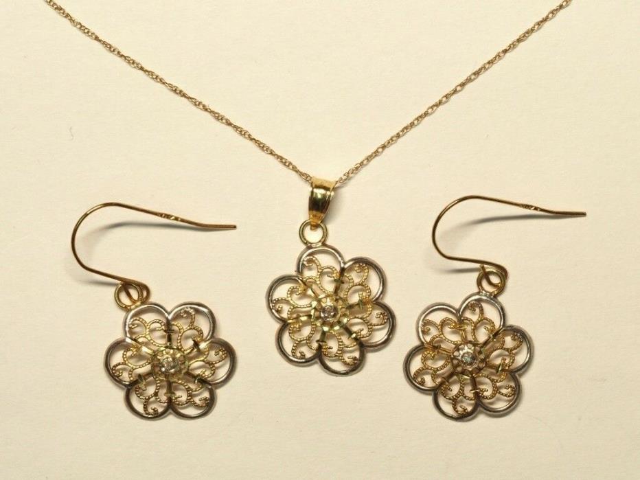 Beautiful Vintage 10K Gold floral and Diamonds Necklace Earrings Set (app 1.35g)