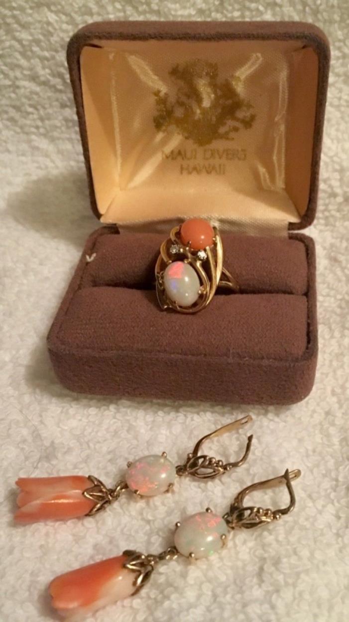 Unique “Maui Divers”Gold Earrings & Ring with Opals, Coral & Diamond..14K