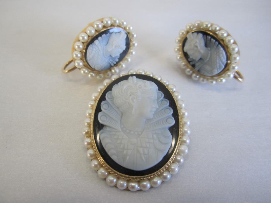 ESTATE VINTAGE 14K HARD STONE CAMEO W/ PEARLS PIN PENDANT AND EARRING SET