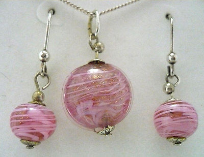 NEW Sterling Silver & Italian Venetian pink glass necklace & earring set GIFT