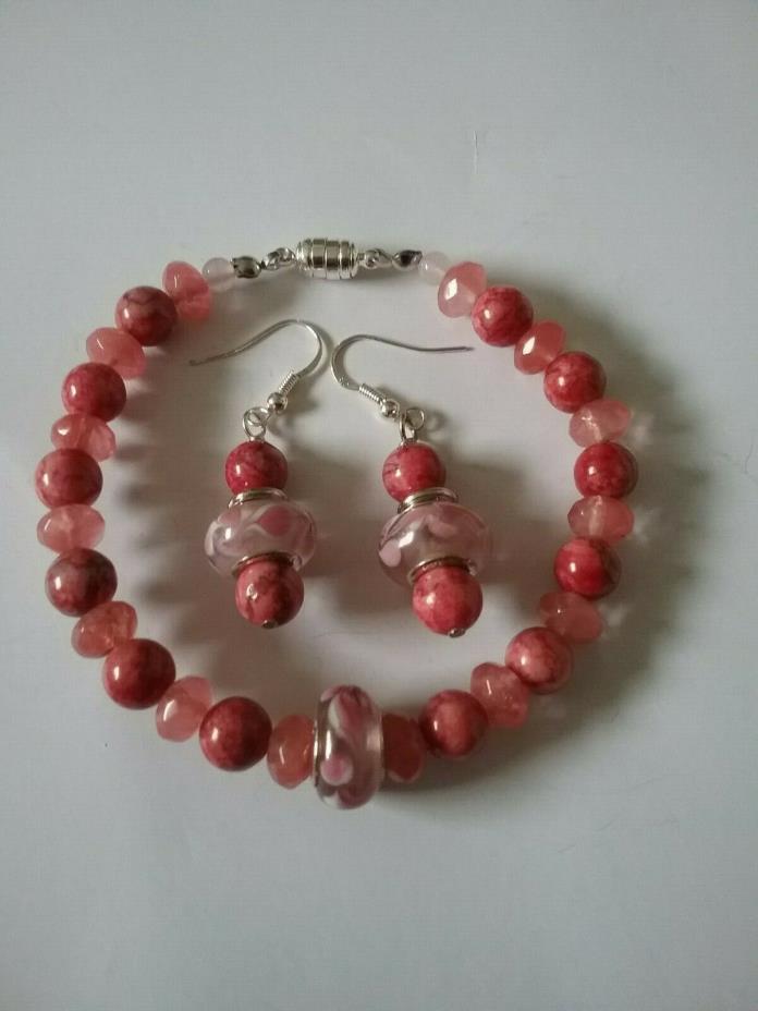 Rhodonite and cherry quartz set of bracelet and earrings in silver