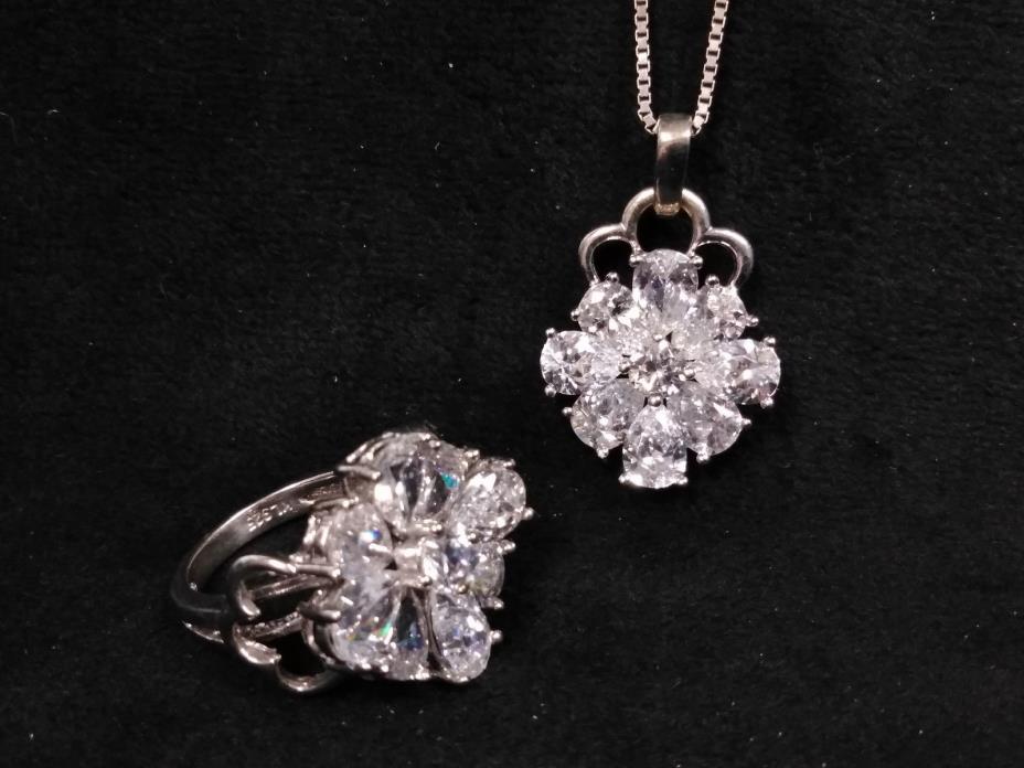 Sterling Silver and Cubic Zirconia Matching Ring and Pendant Floral Set