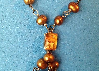 Delicate sterling silver copper color pearl bonsai flower earrings necklace set
