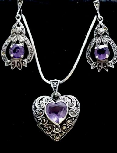 VINTAGE Sterling Silver 925 Amethyst Heart Locket and Earrings!