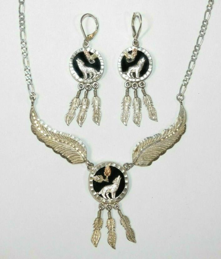 Black Hills Gold Sterling 12 kt Leaves Onyx Wolf Dream Catcher Necklace Earrings