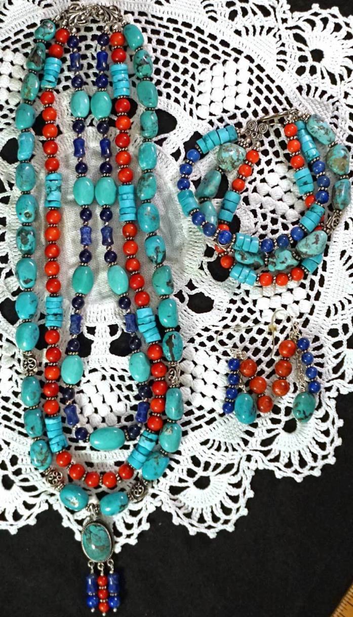 Turquoise Coral & Lapis Necklace Bracelet & Earrings Sterling Silver Settings