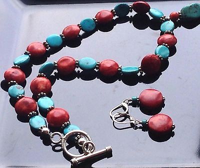 FINE SET Necklace/Earrings Sponge CORAL & TURQUOISE 925 Sterling Silver 23g EUC>