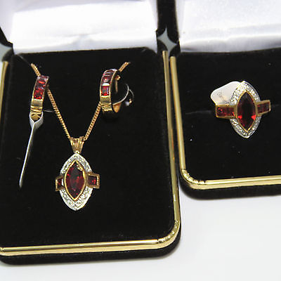 NYJEWEL Brand New 18K 10K Yellow Gold Garnet Necklace Ring Set