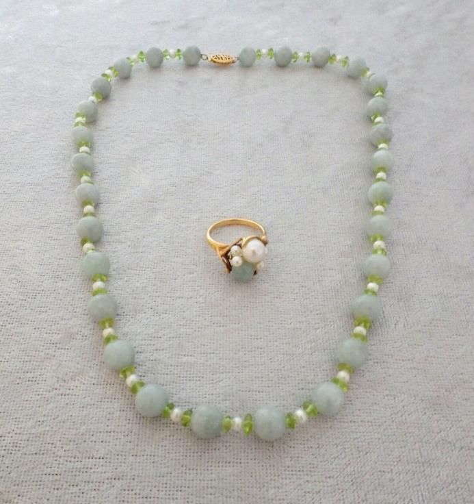 14K gold celadon jade pearl ring necklace set light green jadeite signed size 6
