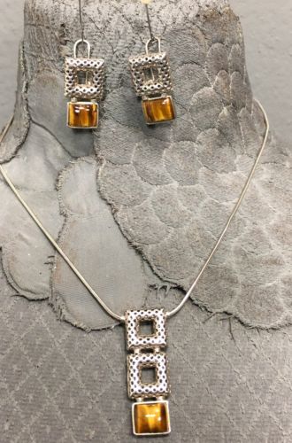 Antigua Tiger's Eye 925 Silver Set Pendant Chain & French Clip Earrings Mexico