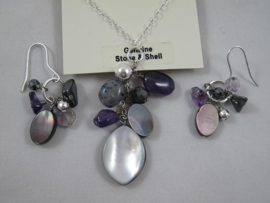 NWT $110 Sterling Silver Necklace Earrings Abalone Paua Shell Amethyst Set