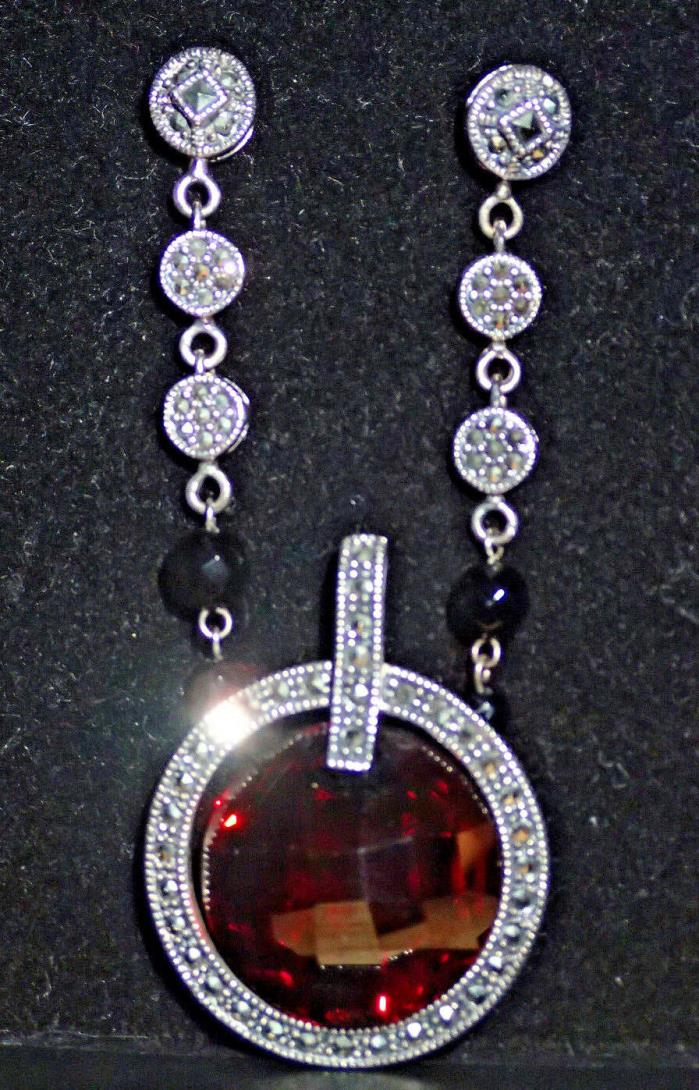 Marcasite Earrings And .925 Pendant With Red Stone