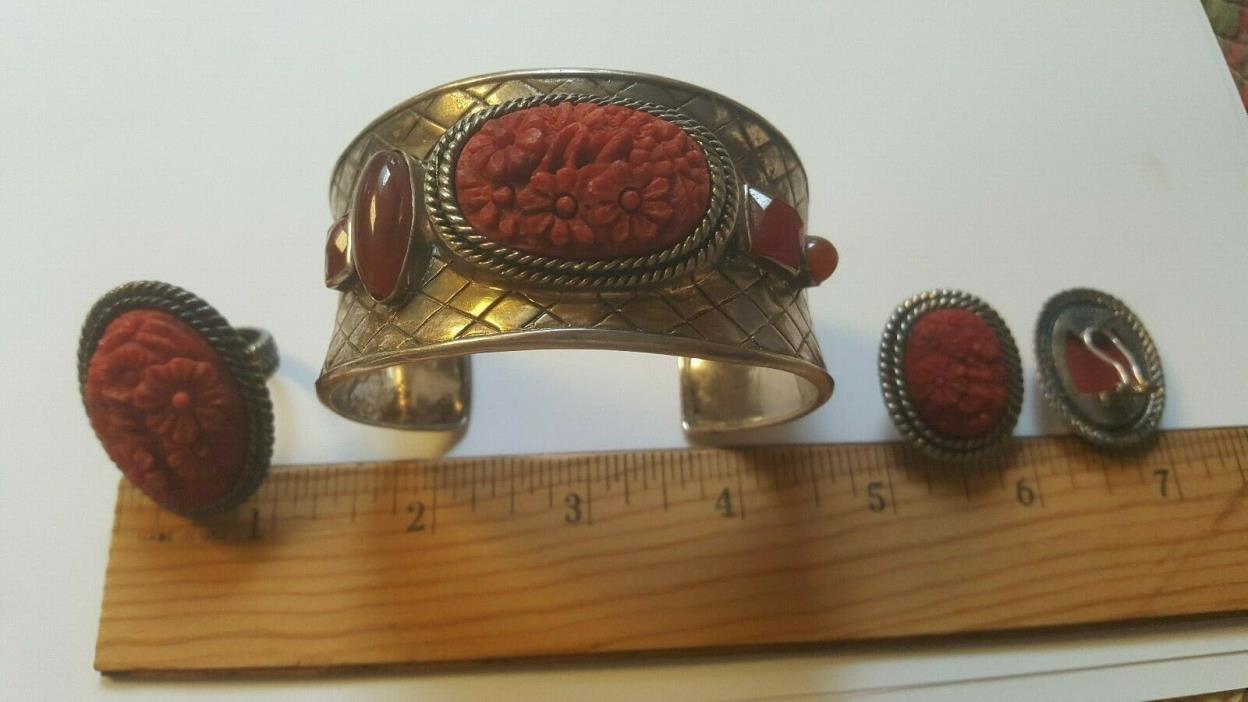 Amy Kahn Russell Carved Camilia Carnelian Sterling Cuff/Earrings/Ring Set - WOW!