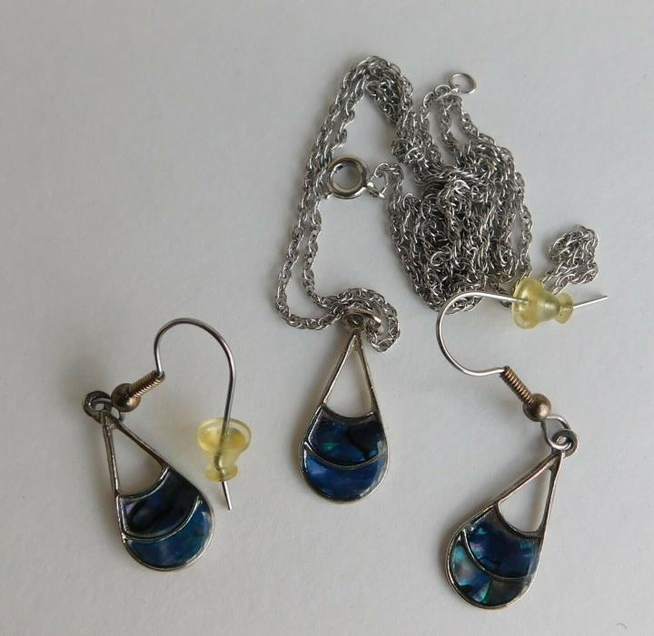 Vintage Hand Crafted Blue Abalone Pendant & Earrings Sterling Silver Chain 22