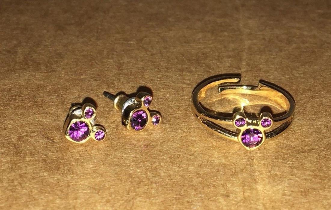 Disney Childs Amethyst adjustable ring and earring Set