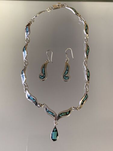 Sterling Silver Mexico Turquoise And Resin Drop Necklace And Earring Set