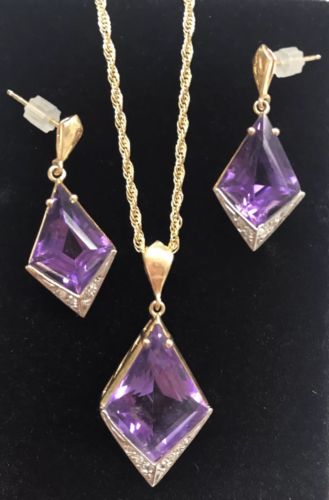 Large 14K Yellow Gold AMETHYST and DIAMOND Pendant Necklace and Earring Set!