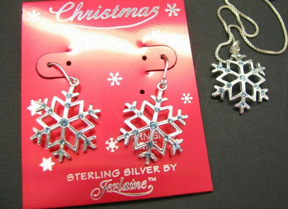 JEZLAINE STERLING SILVER Christmas SNOWFLAKE EARRINGS NECKLACE SET Blue Stones