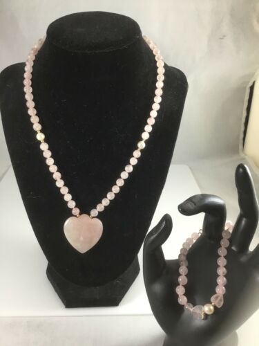 Genuine Rose Quartz Necklace & Bracelet Set, Heart Shape Bag Pearls Gold Beads