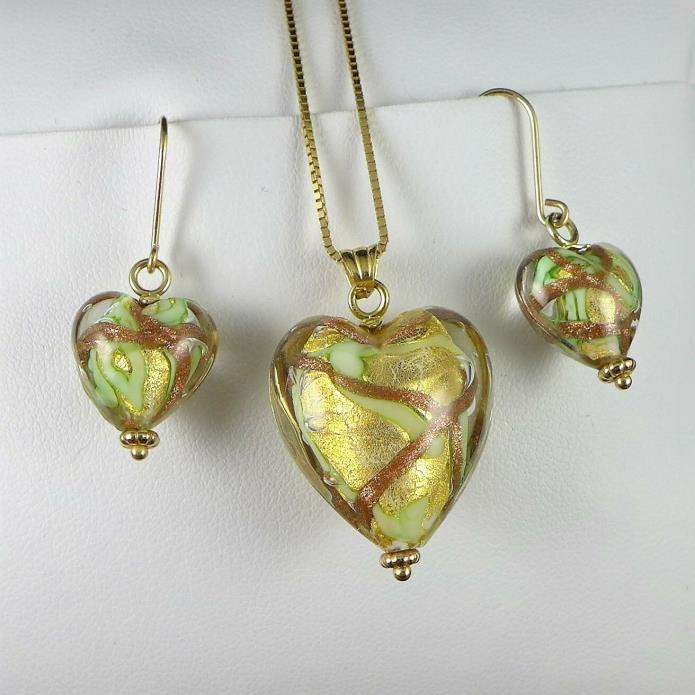 14K Gold Murano Art Glass Necklace And Earring Set - Heart Shaped