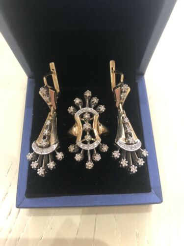 Natural Diamond Earrings Ring Set Genuine!! 14k Gold