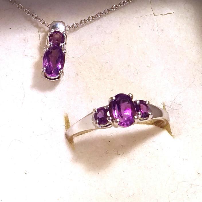 African AMETHYST RING & Pendant NECKLACE SET in Platinum / Sterling 1.20 Cts..#6