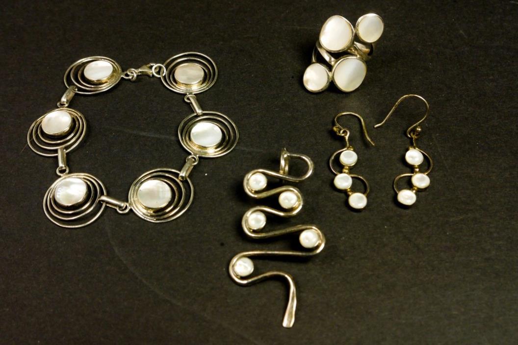 5 pc 950 Silver Jewelery Set Mother of Pearl Pendant Ring Earring Bracelet Discs