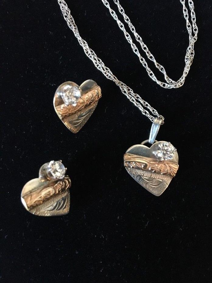 Sterling Silver & Gold Cubic Zirconia Heart Flower Necklace Earrings Set