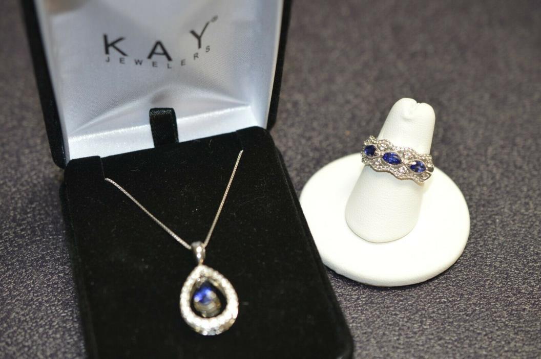 KAY NECKLACE RING SET PEAR CUT REVERSIBLE BLUE & WHITE PENDANT STERLING SILVER