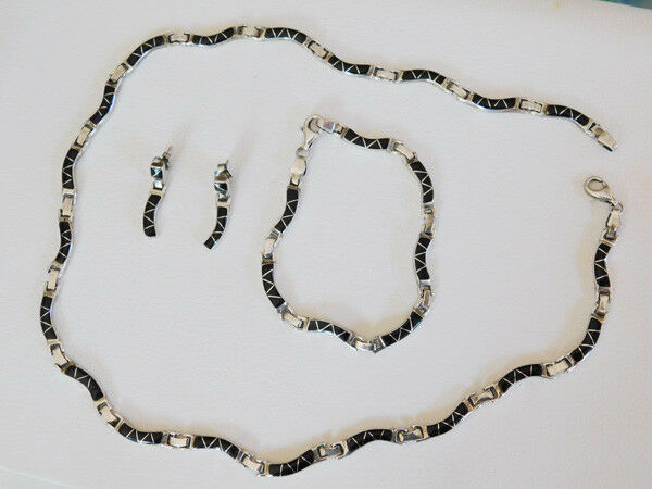 Vintage Black Onyx Inlay & Sterling Silver Necklace, Bracelet & Earring Set,sgnd