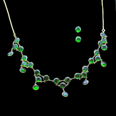 Necklace Earrings Set Gold Natural Diopside Fabulous Green Gem Modern Studs(5587