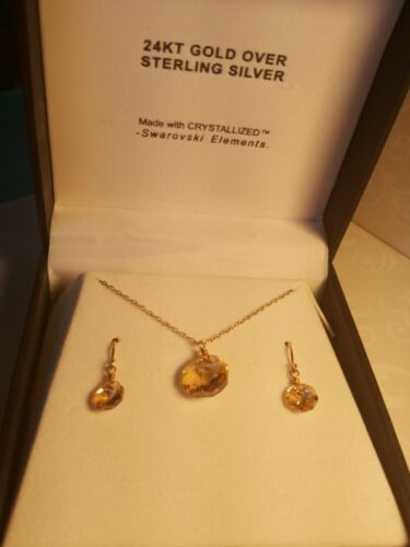 Pretty 24k Gold Over Sterling Silver Necklace & Earrings W/ Swarovski Elements