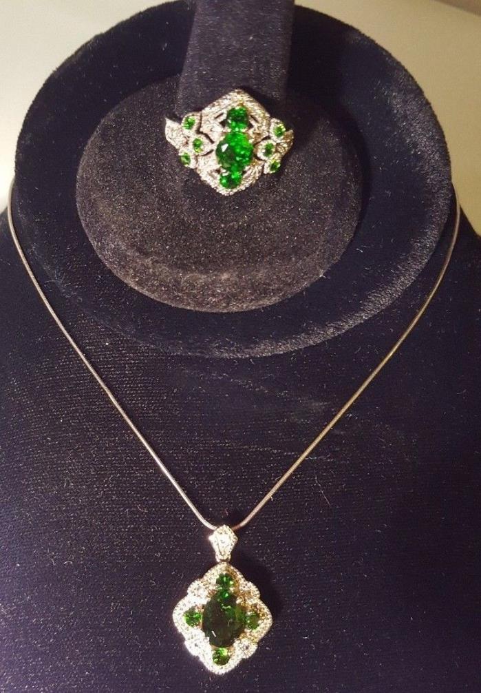 Beautiful Sterling Silver 925 Necklace and Ring Set with Lab Created Emeralds