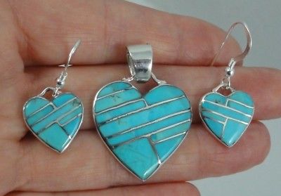 Sterling Silver Turquoise Inlay Heart Earrings & Pendant Set New